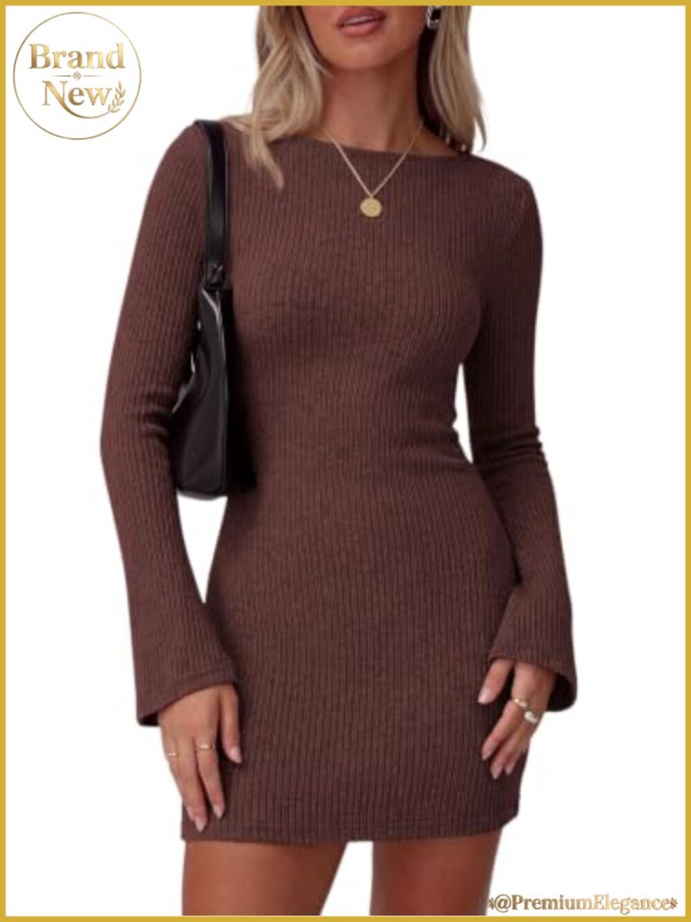 Bell Sleeve Boat Neck Ribbed Knit Bodycon Mini Sweater Dress
